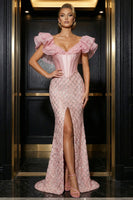 Load image into Gallery viewer, Sparkly Pink Mermaid Sequin Ruffled Long Corset Prom Dress with Slit