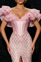 Load image into Gallery viewer, Sparkly Pink Mermaid Sequin Ruffled Long Corset Prom Dress with Slit