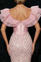 Load image into Gallery viewer, Sparkly Pink Mermaid Sequin Ruffled Long Corset Prom Dress with Slit