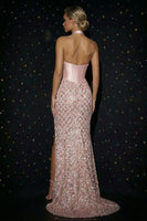 Load image into Gallery viewer, Sparkly Pink Halter Sequin Mermaid Long Corset Prom Dress with Slit