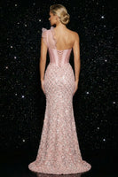 Load image into Gallery viewer, Sparkly Pink One Shoulder Sequin Mermaid Long Corset Prom Dress with Slit