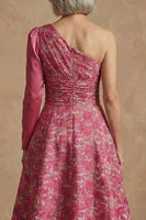 Load image into Gallery viewer, Fuchsia Floral A Line One Shoulder Long Mother of the Bride Dress with Sleeves