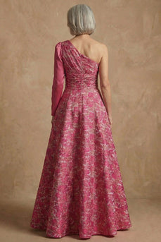 Fuchsia Floral A Line One Shoulder Long Mother of the Bride Dress with Sleeves