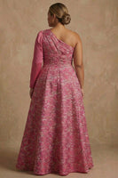 Load image into Gallery viewer, Fuchsia Floral A Line One Shoulder Long Mother of the Bride Dress with Sleeves