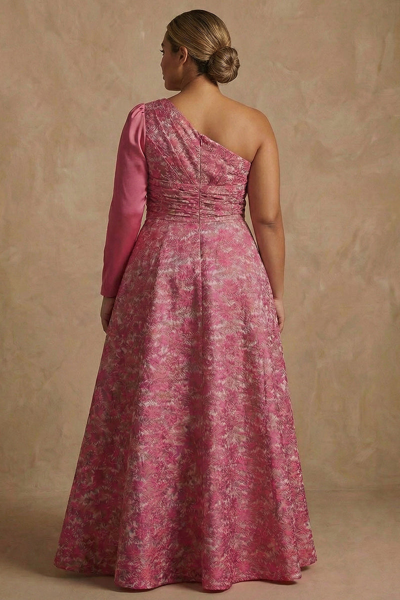 Load image into Gallery viewer, Fuchsia Floral A Line One Shoulder Long Mother of the Bride Dress with Sleeves