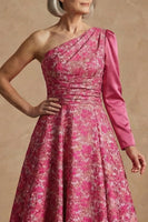 Load image into Gallery viewer, Fuchsia Floral A Line One Shoulder Long Mother of the Bride Dress with Sleeves