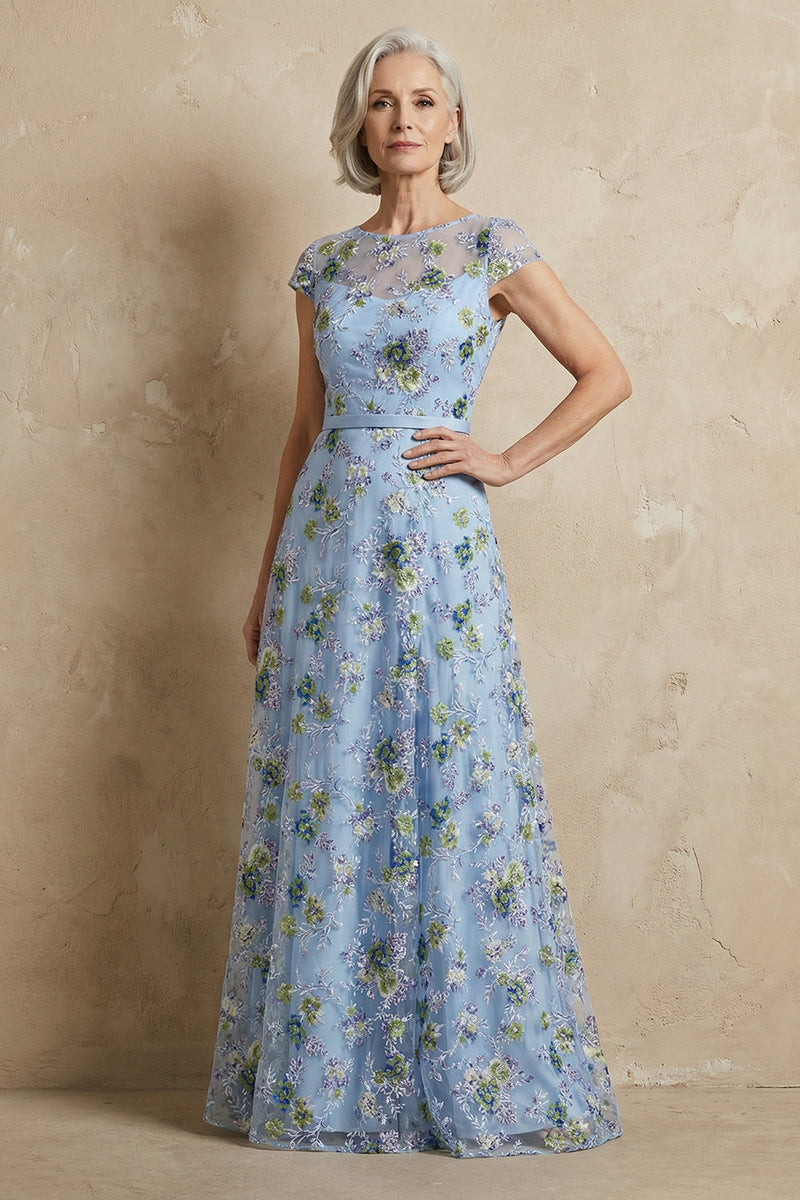 Load image into Gallery viewer, Queendancer Women Blue Long Floral Mother of the Groom Dress Appliqued Round Neck A Line Formal Dress