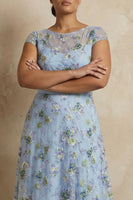 Load image into Gallery viewer, Blue Floral Round Neck A Line Appliqued Long Mother of the Bride Dress