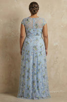 Load image into Gallery viewer, Blue Floral Round Neck A Line Appliqued Long Mother of the Bride Dress