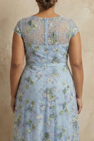 Load image into Gallery viewer, Blue Floral Round Neck A Line Appliqued Long Mother of the Bride Dress