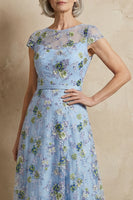 Load image into Gallery viewer, Blue Floral Round Neck A Line Appliqued Long Mother of the Bride Dress