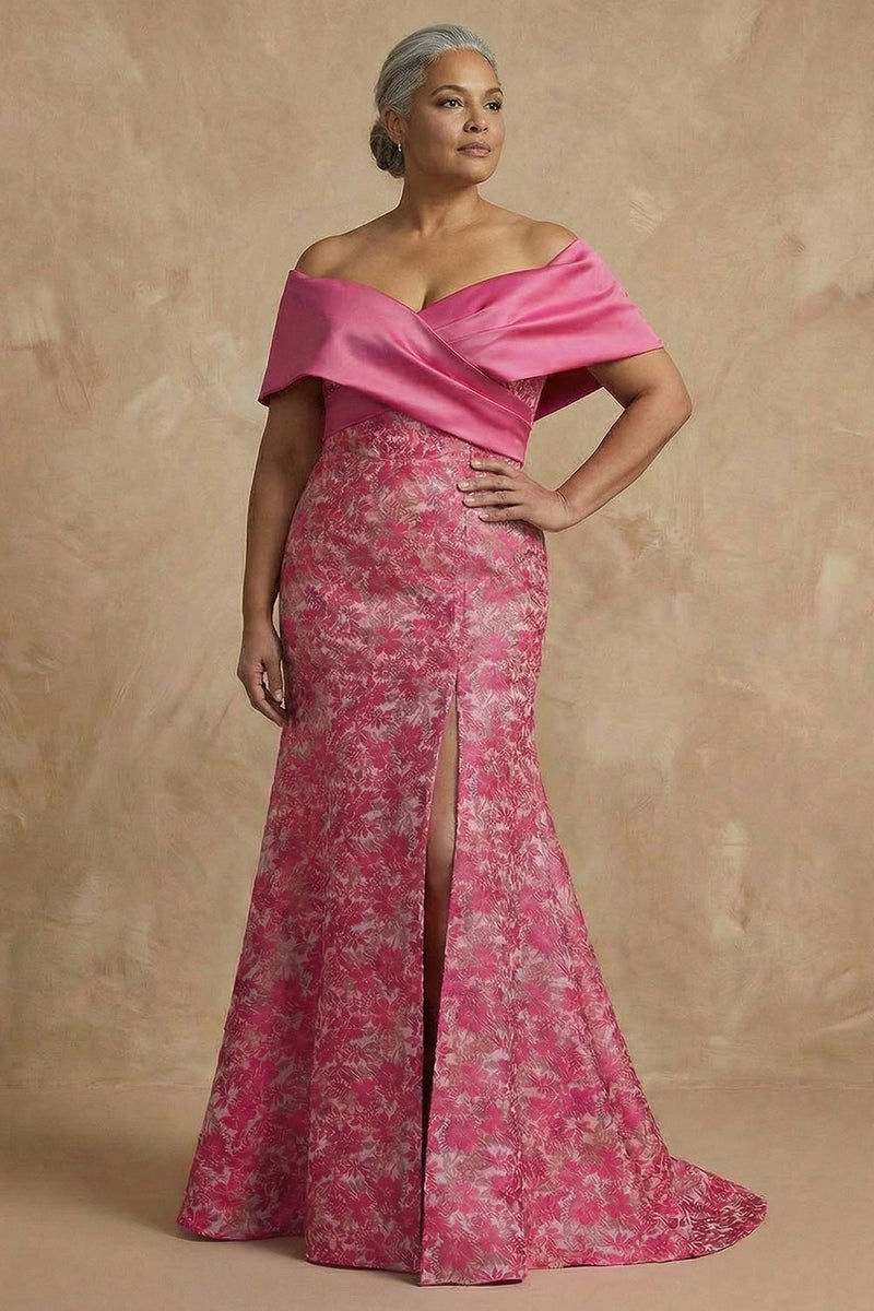 Load image into Gallery viewer, Fuchsia Floral Off the Shoulder Mermaid Long Mother of the Bride Dress with Slit