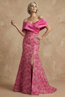 Load image into Gallery viewer, Fuchsia Floral Off the Shoulder Mermaid Long Mother of the Bride Dress with Slit