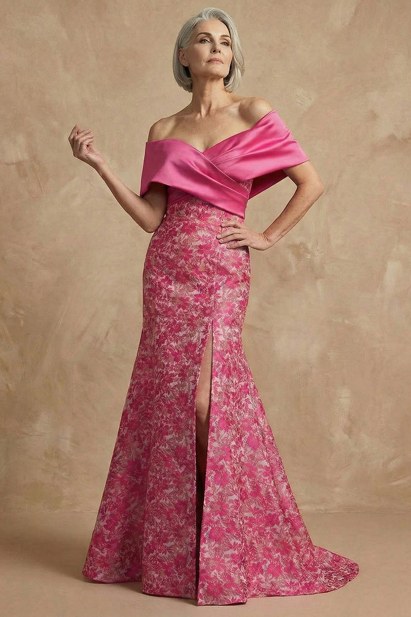 Load image into Gallery viewer, Fuchsia Floral Off the Shoulder Mermaid Long Mother of the Bride Dress with Slit