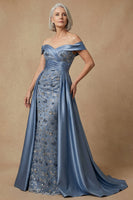 Load image into Gallery viewer, Dusty Blue Floral Appliqued Off the Shoulder Long Mother of the Bride Dress