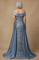 Load image into Gallery viewer, Dusty Blue Floral Appliqued Off the Shoulder Long Mother of the Bride Dress