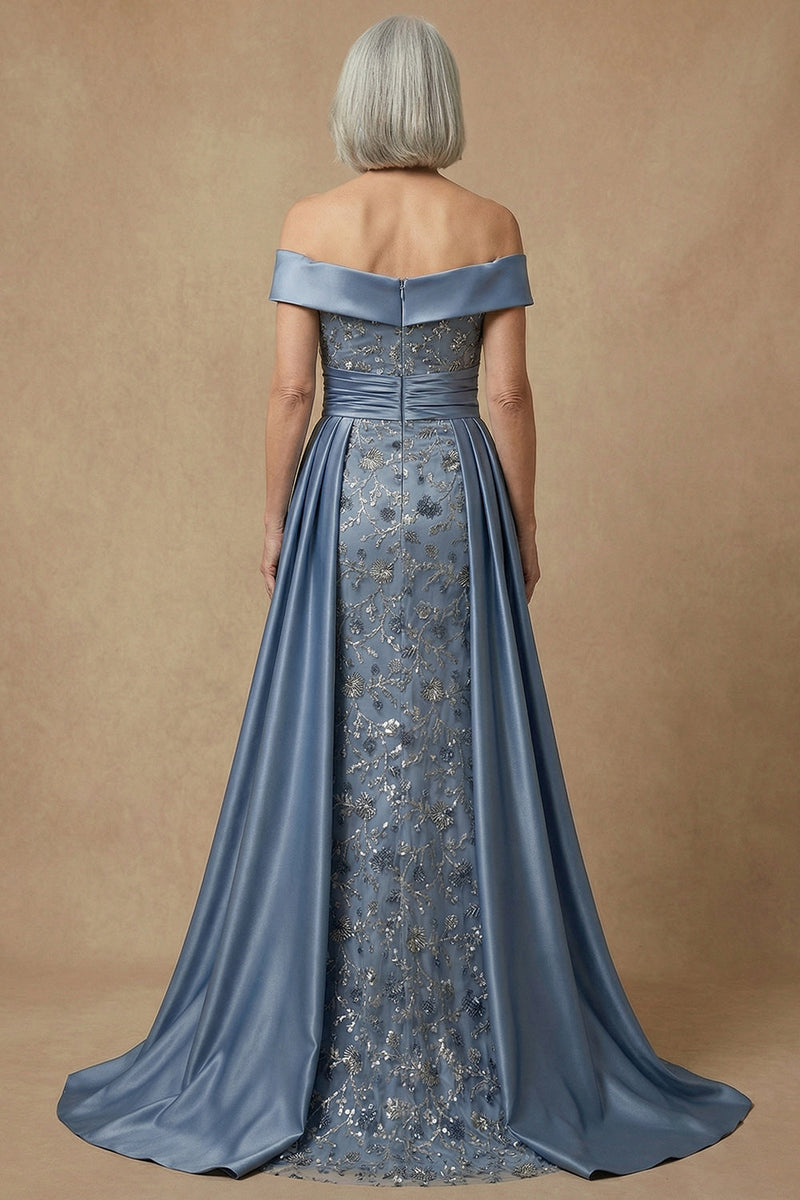 Load image into Gallery viewer, Dusty Blue Floral Appliqued Off the Shoulder Long Mother of the Bride Dress