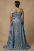 Load image into Gallery viewer, Dusty Blue Floral Appliqued Off the Shoulder Long Mother of the Bride Dress