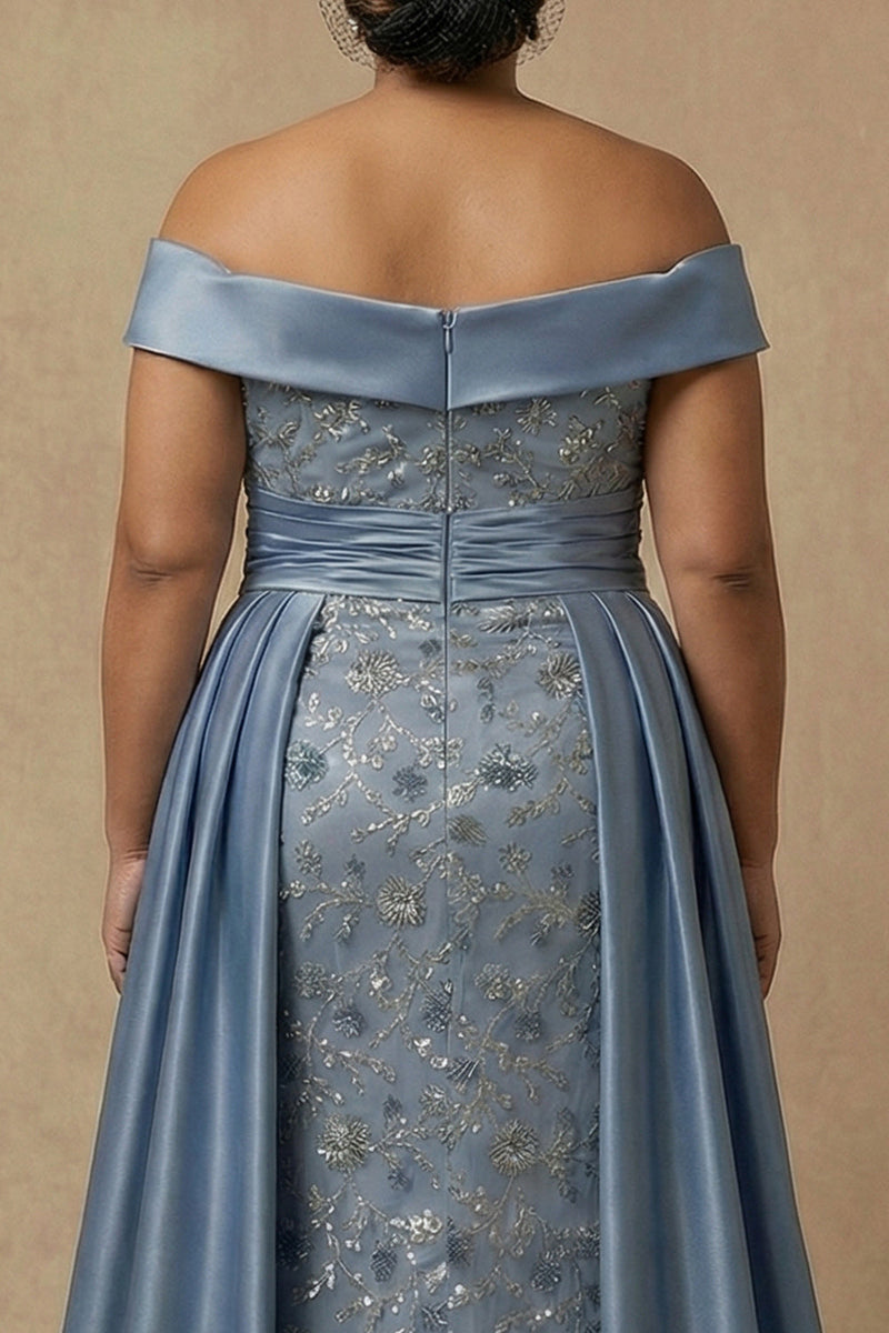 Load image into Gallery viewer, Dusty Blue Floral Appliqued Off the Shoulder Long Mother of the Bride Dress