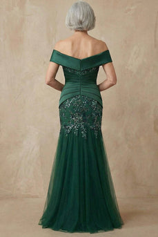 Sparkly Dark Green Floral Appliqued Off the Shoulder Long Mermaid Mother of the Bride Dress