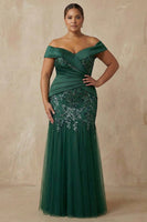 Load image into Gallery viewer, Sparkly Dark Green Floral Appliqued Off the Shoulder Long Mermaid Mother of the Bride Dress