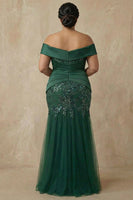Load image into Gallery viewer, Sparkly Dark Green Floral Appliqued Off the Shoulder Long Mermaid Mother of the Bride Dress