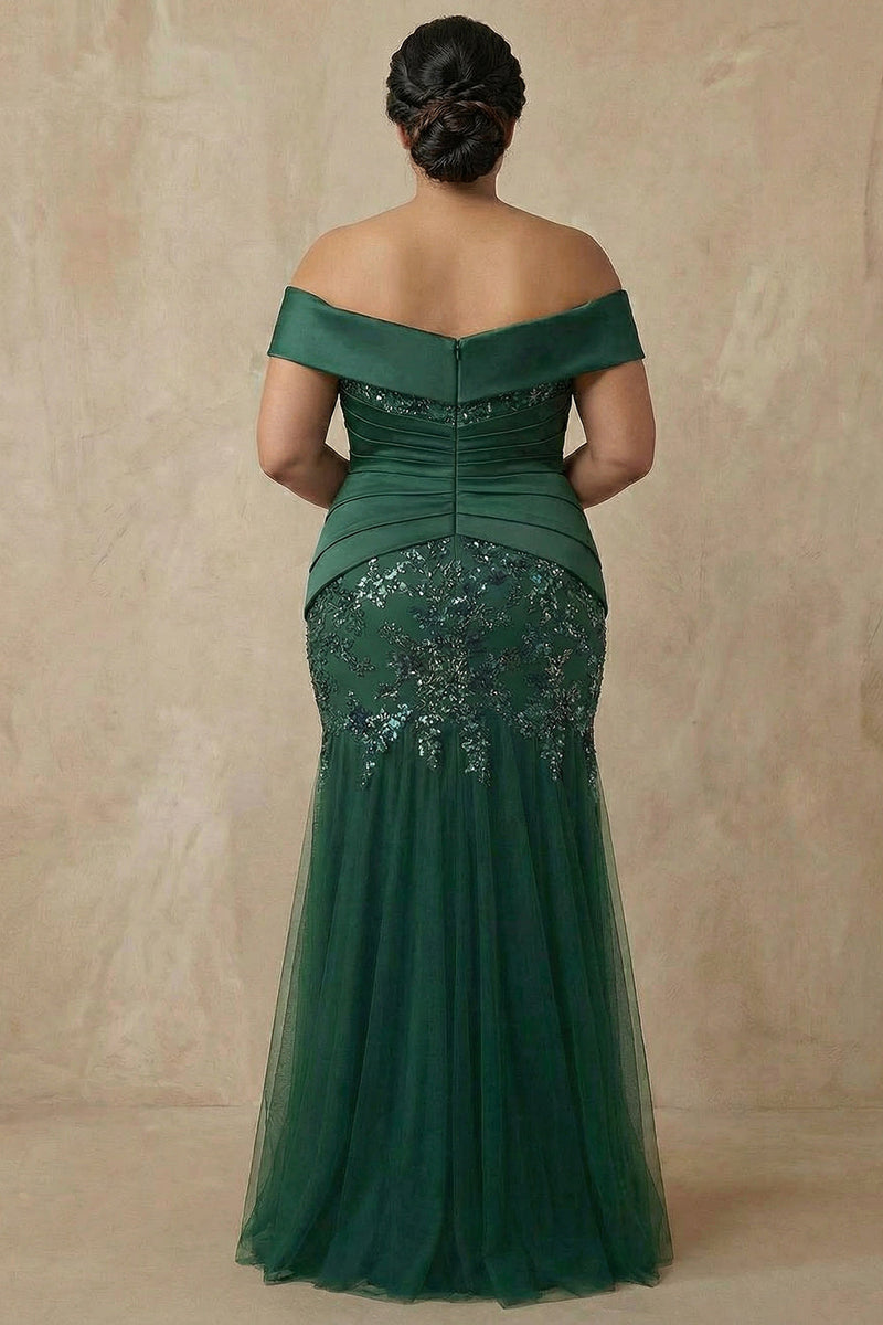Load image into Gallery viewer, Sparkly Dark Green Floral Appliqued Off the Shoulder Long Mermaid Mother of the Bride Dress