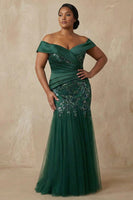 Load image into Gallery viewer, Sparkly Dark Green Floral Appliqued Off the Shoulder Long Mermaid Mother of the Bride Dress