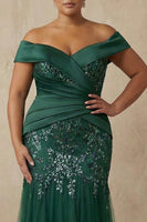 Load image into Gallery viewer, Sparkly Dark Green Floral Appliqued Off the Shoulder Long Mermaid Mother of the Bride Dress