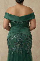 Load image into Gallery viewer, Sparkly Dark Green Floral Appliqued Off the Shoulder Long Mermaid Mother of the Bride Dress