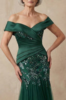 Load image into Gallery viewer, Sparkly Dark Green Floral Appliqued Off the Shoulder Long Mermaid Mother of the Bride Dress