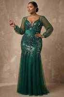 Load image into Gallery viewer, Sparkly Dark Green Appliqued Mermaid Floral Long Sleeves Mother of the Bride Dress