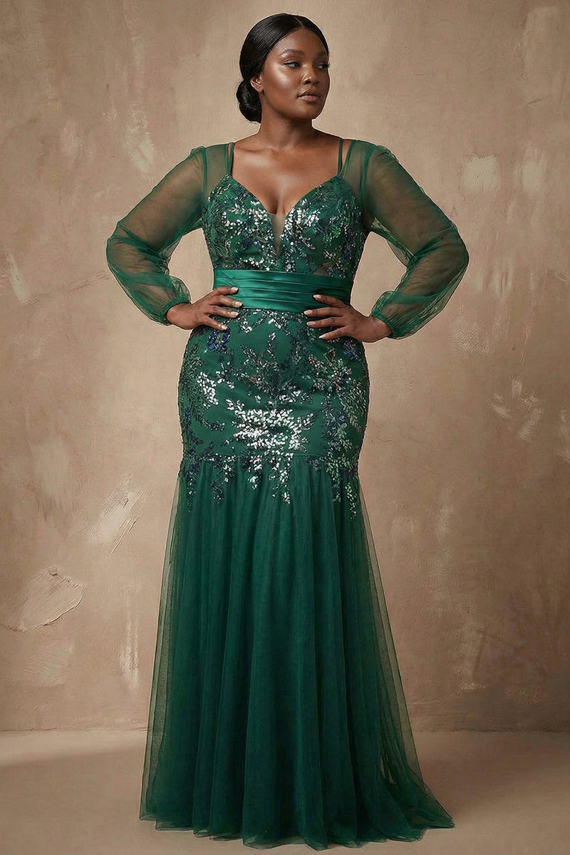 Load image into Gallery viewer, Sparkly Dark Green Appliqued Mermaid Floral Long Sleeves Mother of the Bride Dress