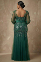 Load image into Gallery viewer, Sparkly Dark Green Appliqued Mermaid Floral Long Sleeves Mother of the Bride Dress