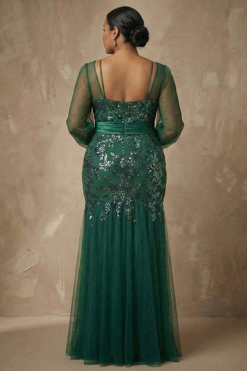 Load image into Gallery viewer, Sparkly Dark Green Appliqued Mermaid Floral Long Sleeves Mother of the Bride Dress