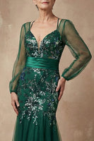 Load image into Gallery viewer, Sparkly Dark Green Appliqued Mermaid Floral Long Sleeves Mother of the Bride Dress