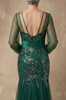 Load image into Gallery viewer, Sparkly Dark Green Appliqued Mermaid Floral Long Sleeves Mother of the Bride Dress