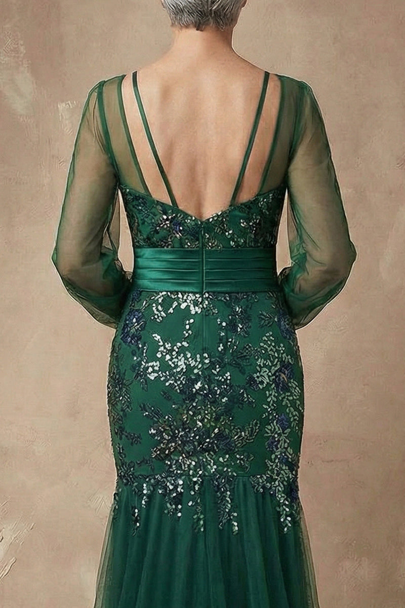 Load image into Gallery viewer, Sparkly Dark Green Appliqued Mermaid Floral Long Sleeves Mother of the Bride Dress