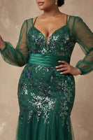 Load image into Gallery viewer, Sparkly Dark Green Appliqued Mermaid Floral Long Sleeves Mother of the Bride Dress