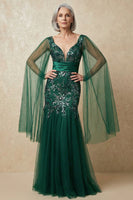 Load image into Gallery viewer, Sparkly Dark Green Floral Appliqued Mermaid Long Mother of the Bride Dress with Cape