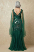Load image into Gallery viewer, Sparkly Dark Green Floral Appliqued Mermaid Long Mother of the Bride Dress with Cape