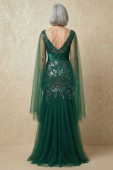 Sparkly Dark Green Floral Appliqued Mermaid Long Mother of the Bride Dress with Cape