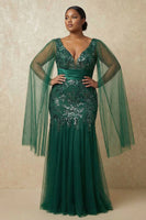 Load image into Gallery viewer, Sparkly Dark Green Floral Appliqued Mermaid Long Mother of the Bride Dress with Cape