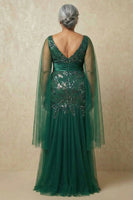 Load image into Gallery viewer, Sparkly Dark Green Floral Appliqued Mermaid Long Mother of the Bride Dress with Cape