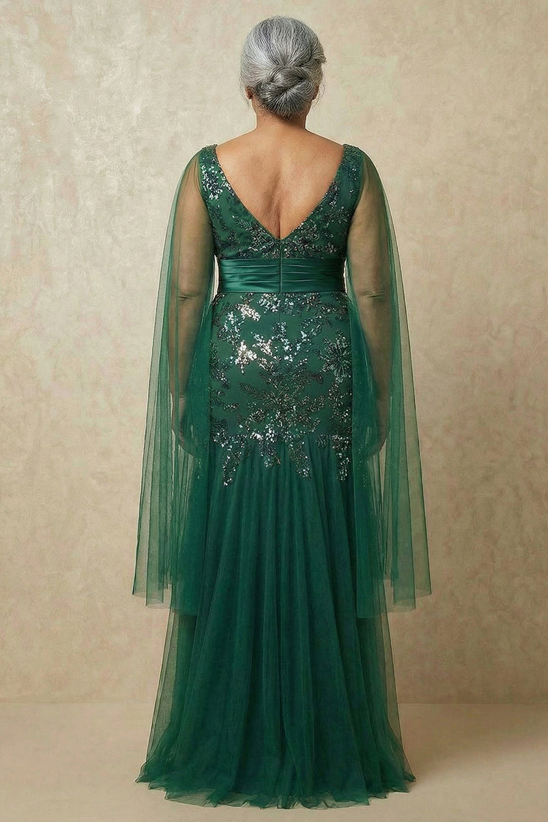 Load image into Gallery viewer, Sparkly Dark Green Floral Appliqued Mermaid Long Mother of the Bride Dress with Cape