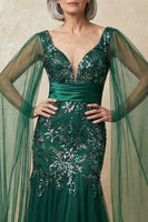 Load image into Gallery viewer, Sparkly Dark Green Floral Appliqued Mermaid Long Mother of the Bride Dress with Cape