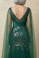 Load image into Gallery viewer, Sparkly Dark Green Floral Appliqued Mermaid Long Mother of the Bride Dress with Cape