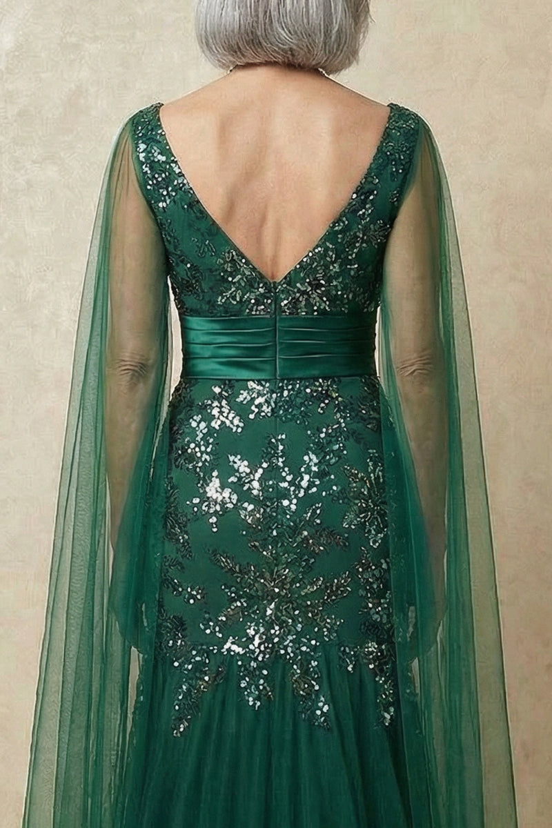 Load image into Gallery viewer, Sparkly Dark Green Floral Appliqued Mermaid Long Mother of the Bride Dress with Cape