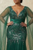 Load image into Gallery viewer, Sparkly Dark Green Floral Appliqued Mermaid Long Mother of the Bride Dress with Cape