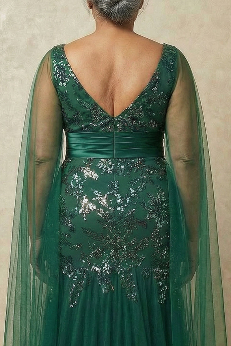 Load image into Gallery viewer, Sparkly Dark Green Floral Appliqued Mermaid Long Mother of the Bride Dress with Cape